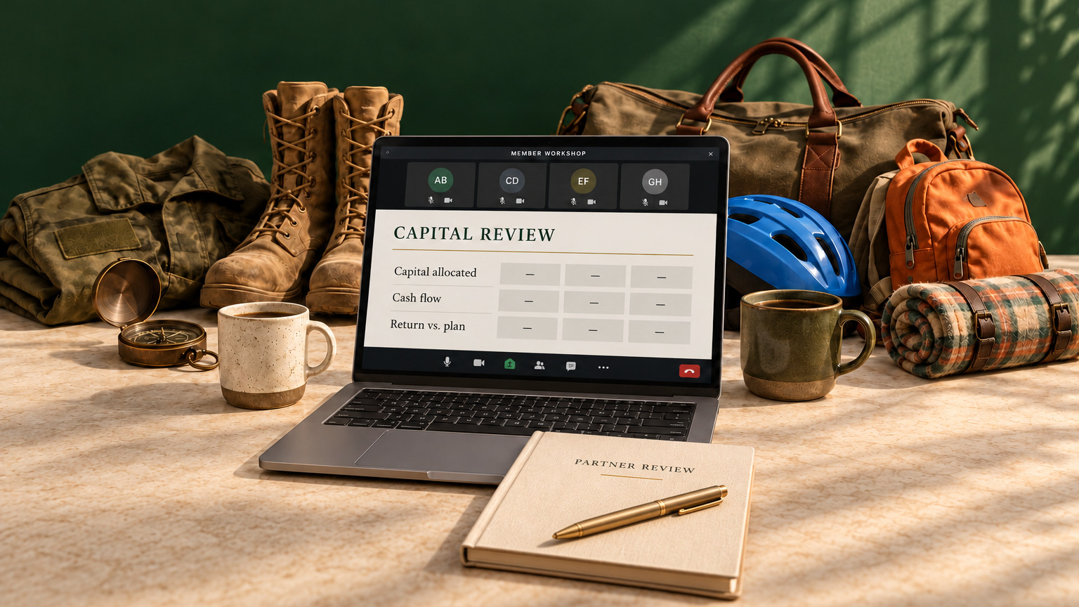 Military boots beside family travel gear, an investor workshop screen, and a partner review notebook, representing the next mission after service
